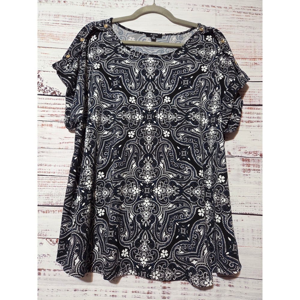 AUW Womens 2X Navy Blue White Paisley Floral Button Shoulder Top Comfortable
